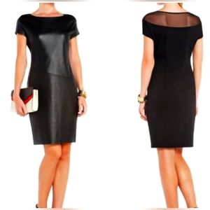 BCBGMaxAzria Babette Black Faux Leather Mini Dress Shear Back Neck Size Medium